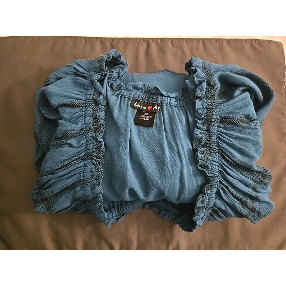 Love Ari Boho Printed Off-Shoulder Stretchy Ruffle Top Blue Fall Size 2X Plaid - Picture 8 of 8